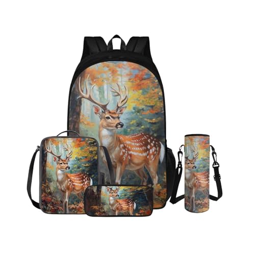 COEQINE Kinder-Rucksack mit Hirschmotiv, 4–6, Büchertasche mit Lunchbox, 4 Stück, cooler Schulrucksack für Kleinkinder, Vorschule, Schhol-Taschen-Set für Kinder, mit Wasserflaschenhalter, Geschenk für COEQINE Kinder-Rucksack mit Hirschmotiv, 4–6, Büchertasche mit Lunchbox, 4 Stück, cooler Schulrucksack für Kleinkinder, Vorschule, Schhol-Taschen-Set für Kinder, mit Wasserflaschenhalter, Geschenk für von COEQINE