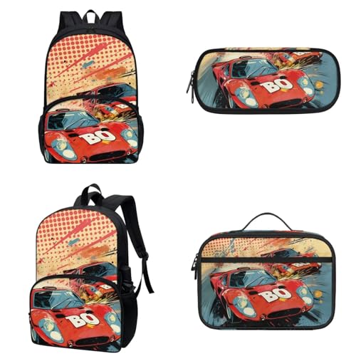 COEQINE Kindergarten-Rucksack für Jungen mit Lunchbox, schwarz, Cartoon-Autos, Federmäppchen mit Stiftlöcher, für Kleinkinder, Jungen von 6–10 Jahren, 3D-Rennwagen, rotes cooles Design von COEQINE