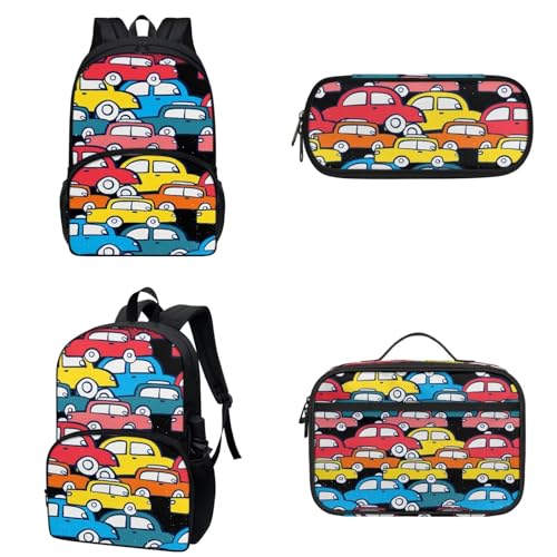 COEQINE Kindergarten-Rucksack für Jungen mit Lunchbox, schwarz, Cartoon-Autos, Federmäppchen mit Stiftlöcher, für Kleinkinder, Jungen von 6–10 Jahren, Bunte Cartoon-Autos von COEQINE