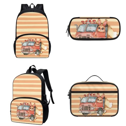 COEQINE Kindergarten-Rucksack für Jungen mit Lunchbox, schwarz, Cartoon-Autos, Federmäppchen mit Stiftlöcher, für Kleinkinder, Jungen von 6–10 Jahren, Kawaii Bunny Red Truck Cool Pattern von COEQINE