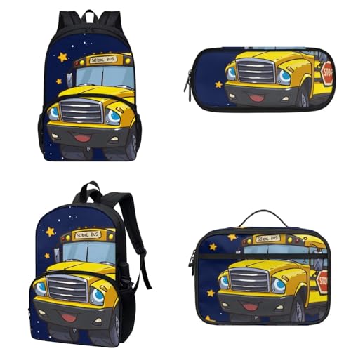 COEQINE Kindergarten-Rucksack für Jungen mit Lunchbox, schwarz, Cartoon-Autos, Federmäppchen mit Stiftlöcher, für Kleinkinder, Jungen von 6–10 Jahren, Niedliche Cartoon-3D-Schulbus-Sterne von COEQINE