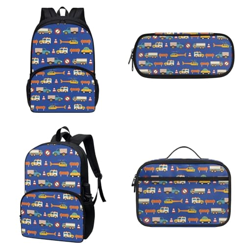 COEQINE Kindergarten-Rucksack für Jungen mit Lunchbox, schwarz, Cartoon-Autos, Federmäppchen mit Stiftlöcher, für Kleinkinder, Jungen von 6–10 Jahren, Nlue Transportmittel von COEQINE