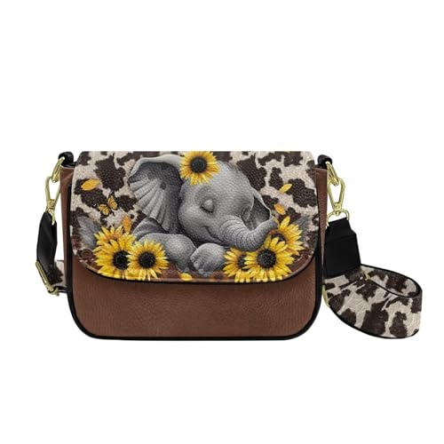 COEQINE Kleine Umhängetasche für Damen, Leder, Schultertasche mit Riemen und Riemen, Festival-Geschenke, Elefanten-Sonnenblume COEQINE Kleine Umhängetasche für Damen, Leder, Schultertasche mit Riemen und Riemen, Festival-Geschenke, Elefanten-Sonnenblume von COEQINE