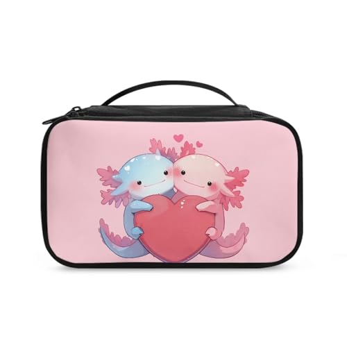 COEQINE Kosmetik-Set für Damen, Reisegröße, mit doppellagigem Make-up-Pinsel-Set, Rosa, Herz Axolotl, Kulturbeutel von COEQINE