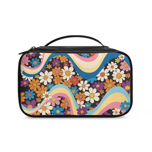 COEQINE Kosmetik-Set für Damen, Reisegröße, mit doppellagigem Make-up-Pinsel-Set, Rosa, Hippie Floral Daisy Foral, Kulturbeutel von COEQINE