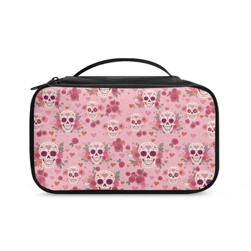 COEQINE Kosmetik-Set für Damen, Reisegröße, mit doppellagigem Make-up-Pinsel-Set, Rosa, Rosa Totenkopf-Blumenmuster, Kulturbeutel von COEQINE