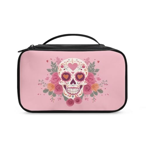 COEQINE Kosmetik-Set für Damen, Reisegröße, mit doppellagigem Make-up-Pinsel-Set, Rosa, Rosa schöner Totenkopf und Herz, Kulturbeutel von COEQINE