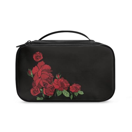 COEQINE Kosmetik-Set für Damen, Reisegröße, mit doppellagigem Make-up-Pinsel-Set, Rosa, Rote Rosen-Blumenmusik, Kulturbeutel von COEQINE