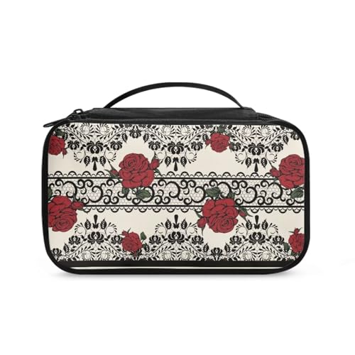 COEQINE Kosmetik-Set für Damen, Reisegröße, mit doppellagigem Make-up-Pinsel-Set, Rosa, Spitzendruck, rote Rosen, Blumenmuster, Kulturbeutel von COEQINE