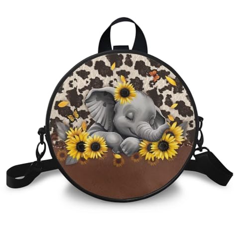 COEQINE Leder-Tragetasche für Damen, Umhängetasche mit Griffen, tragbar, PU, runde Schultertasche, Handtasche, Kuriertasche, Elefanten-Sonnenblume COEQINE Leder-Tragetasche für Damen, Umhängetasche mit Griffen, tragbar, PU, runde Schultertasche, Handtasche, Kuriertasche, Elefanten-Sonnenblume von COEQINE