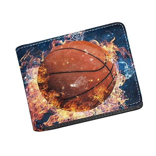 COEQINE Ledergeldbörse, Fußball-Geldbörse für Kinder, Jungen, Herren, wasserdicht, Geldbeutel, Organizer mit Münzfach für Reisen, 3D Ball Basketball Feuer von COEQINE