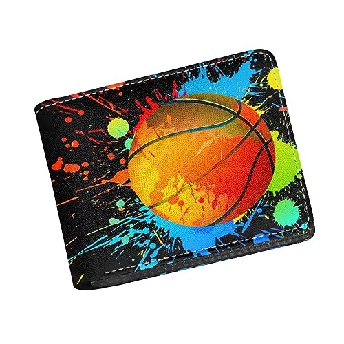 COEQINE Ledergeldbörse, Fußball-Geldbörse für Kinder, Jungen, Herren, wasserdicht, Geldbeutel, Organizer mit Münzfach für Reisen, Aquarell-Baseketball-Druck, schwarz, modisch von COEQINE