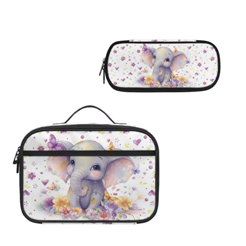 COEQINE Lunchbox-Set mit Elefanten-Blumenmuster, für Schule, Vorschule, Kindergarten, Federmäppchen, tragbar, mit Stift-Löse, zum Reinigen für Frauen und Mädchen von COEQINE