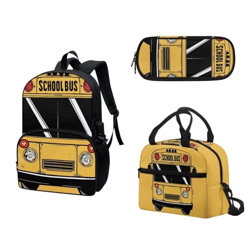 COEQINE Lustiger Wassermelonen-Rucksack, Mädchen, Büchertasche, Lunchbox und Federmäppchen, Teenager, Mädchen, Schule, Tagesrucksack-Set, 3-teilig, 3D-Schulbus, Gelb, Cartoon-Auto von COEQINE