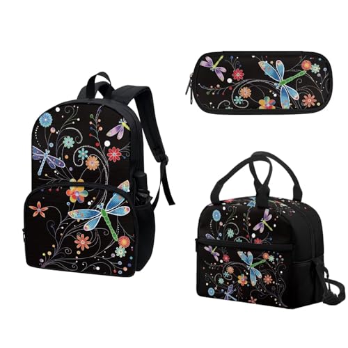 COEQINE Lustiger Wassermelonen-Rucksack, Mädchen, Büchertasche, Lunchbox und Federmäppchen, Teenager, Mädchen, Schule, Tagesrucksack-Set, 3-teilig, Dragonfl, buntes schwarzes Boho-Blumenmuster COEQINE Lustiger Wassermelonen-Rucksack, Mädchen, Büchertasche, Lunchbox und Federmäppchen, Teenager, Mädchen, Schule, Tagesrucksack-Set, 3-teilig, Dragonfl, buntes schwarzes Boho-Blumenmuster von COEQINE