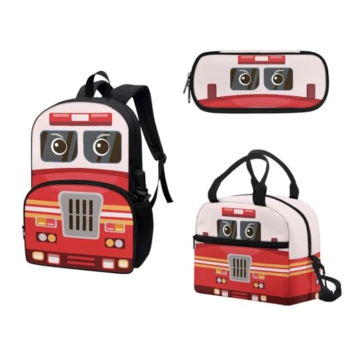 COEQINE Lustiger Wassermelonen-Rucksack, Mädchen, Büchertasche, Lunchbox und Federmäppchen, Teenager, Mädchen, Schule, Tagesrucksack-Set, 3-teilig, Feuerwehrauto, cooler Cartoon-3D-Bus von COEQINE