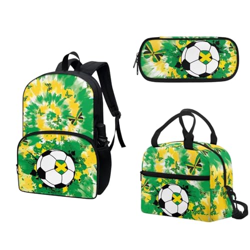 COEQINE Lustiger Wassermelonen-Rucksack, Mädchen, Büchertasche, Lunchbox und Federmäppchen, Teenager, Mädchen, Schule, Tagesrucksack-Set, 3-teilig, Jamaica Butterfly Fußball Batikfärbung von COEQINE