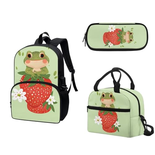 COEQINE Lustiger Wassermelonen-Rucksack, Mädchen, Büchertasche, Lunchbox und Federmäppchen, Teenager, Mädchen, Schule, Tagesrucksack-Set, 3-teilig, Kawaii Erdbeerfrosch Gänseblümchen Boho Floral von COEQINE