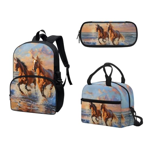 COEQINE Lustiger Wassermelonen-Rucksack, Mädchen, Büchertasche, Lunchbox und Federmäppchen, Teenager, Mädchen, Schule, Tagesrucksack-Set, 3-teilig, Laufpferd, kühles Tier, Meer, Strand von COEQINE