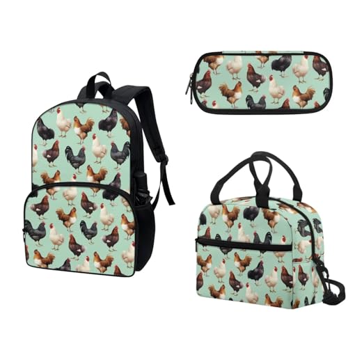 COEQINE Lustiger Wassermelonen-Rucksack, Mädchen, Büchertasche, Lunchbox und Federmäppchen, Teenager, Mädchen, Schule, Tagesrucksack-Set, 3-teilig, Vintage Chicken Green von COEQINE