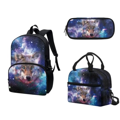 COEQINE Lustiger Wassermelonen-Rucksack, Mädchen, Büchertasche, Lunchbox und Federmäppchen, Teenager, Mädchen, Schule, Tagesrucksack-Set, 3-teilig, Wolf Galaxie von COEQINE