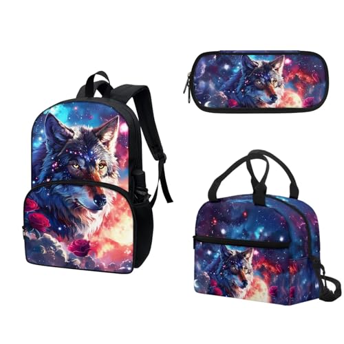 COEQINE Lustiger Wassermelonen-Rucksack, Mädchen, Büchertasche, Lunchbox und Federmäppchen, Teenager, Mädchen, Schule, Tagesrucksack-Set, 3-teilig, Wolf Galaxy Red Rose Moon von COEQINE