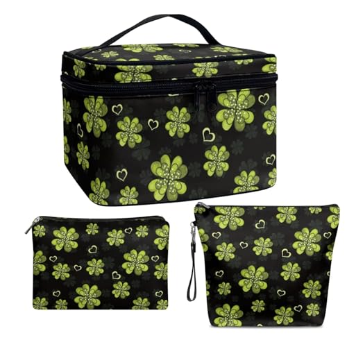 COEQINE Make-up-Tasche für Damen, Reise-Kulturbeutel für Damen, große Kapazität, tragbar, groß, Leder, Reiseutensilien, 3 Stück, Schwarz-grüne Glücksblätter, Kulturbeutel von COEQINE