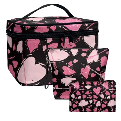 COEQINE Make-up-Tasche für Damen, große Kapazität, Reise-Kosmetikkoffer mit Griffen, wasserdicht, Kosmetiktaschen-Set für Reisen, 3 Stück, Rosa Herz, Schwarz, Kulturbeutel von COEQINE