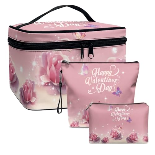 COEQINE Make-up-Tasche für Damen, große Kapazität, Reise-Kosmetikkoffer mit Griffen, wasserdicht, Kosmetiktaschen-Set für Reisen, 3 Stück, Valentine Pink Rose, Kulturbeutel COEQINE Make-up-Tasche für Damen, große Kapazität, Reise-Kosmetikkoffer mit Griffen, wasserdicht, Kosmetiktaschen-Set für Reisen, 3 Stück, Valentine Pink Rose, Kulturbeutel von COEQINE