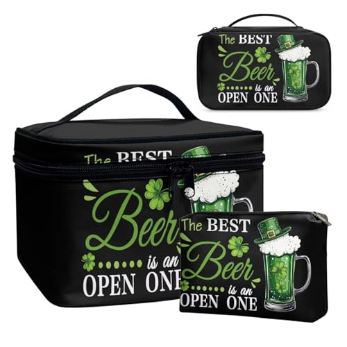 COEQINE Make-up-Tasche für Damen, tragbar, St. Patricks Day, niedlich, Reise-Kosmetiktasche, Geldbörse, Reiseutensilien, Organizer, Grün, 3 Stück, St. Patrick's-green Beer Black, Kulturbeutel von COEQINE