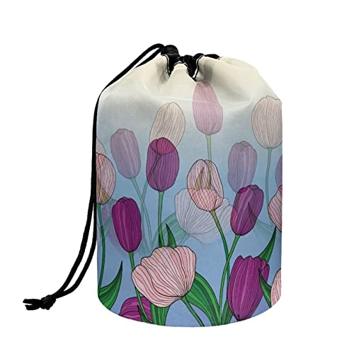 COEQINE Make-up-Tasche mit Kordelzug, groß für Damen, für Reisen, tragbare Kosmetiktasche mit Fass, Toile-Organizer-Etui, Little Blue Flower Pink von COEQINE