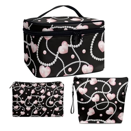 COEQINE Make-up-Taschen-Set für Damen, große Kulturbeutel für Damen, wasserdicht, Kulturbeutel mit Reißverschluss, 3-teilig, Rosa schöne Halskette, Kulturbeutel von COEQINE