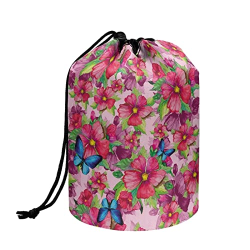 COEQINE Make-up-Taschen mit Kordelzug, große Kapazität, Kosmetiktasche für Damen, Kulturbeutel, Rosa Blumen- und Schmetterling von COEQINE