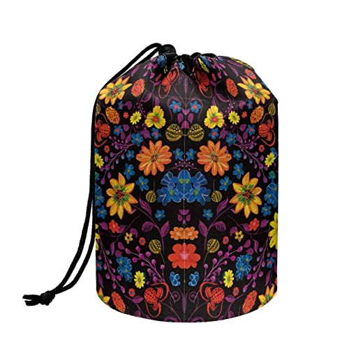 COEQINE Make-up-Taschen mit Kordelzug, große Kapazität, Kosmetiktasche für Damen, Kulturbeutel, Schwarze, bunte Blumen von COEQINE