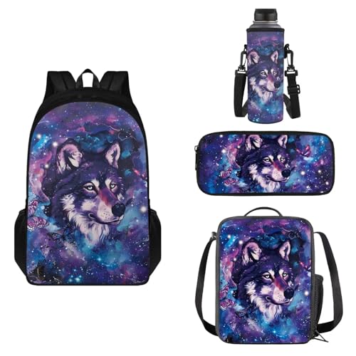 COEQINE Moderne Rucksäcke mit Tiermotiven für Mädchen im Alter von 10–12 Jahren, 4 Stück, Schulrucksack mit Lunch-Taschen, Federmäppchen, Wasserflasche, Wolf Galaxy Blue Butterfly Purple von COEQINE