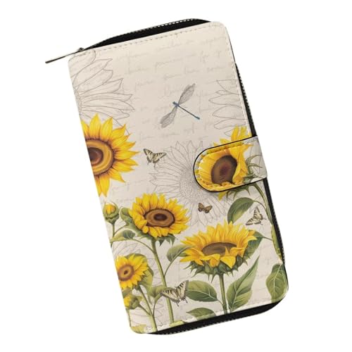 COEQINE Modische Geldbörse für Damen, Halloween-Thema, Totenköpfe, Monegbag mit Kartenfach für Arbeit, Reisen, Sonnenblume Libelle Retro, Large von COEQINE