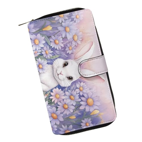 COEQINE Modische Ledergeldbörse für Damen, Geburtstag, Valentinstag, Geschenk für die Frau, Violettes Gänseblümchen-Blumenmuster, niedlicher Hasen-Druck für Oster-Thema von COEQINE