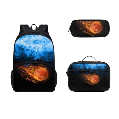 COEQINE Modische Taschen für Jungen im Alter von 6–10 Jahren, 3 Stück, Kleinkinder, Büchertasche, Teenager, Lunchbox, isoliertes Federmäppchen, groß, 3D-Feuerball, 3D-Basketball-Aufdruck von COEQINE