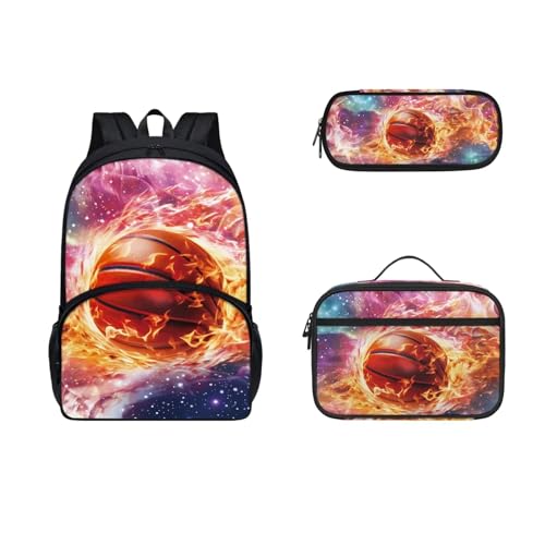 COEQINE Modische Taschen für Jungen im Alter von 6–10 Jahren, 3 Stück, Kleinkinder, Büchertasche, Teenager, Lunchbox, isoliertes Federmäppchen, groß, 3D-Feuerball, 3D-Feuer-Basketballsterne von COEQINE