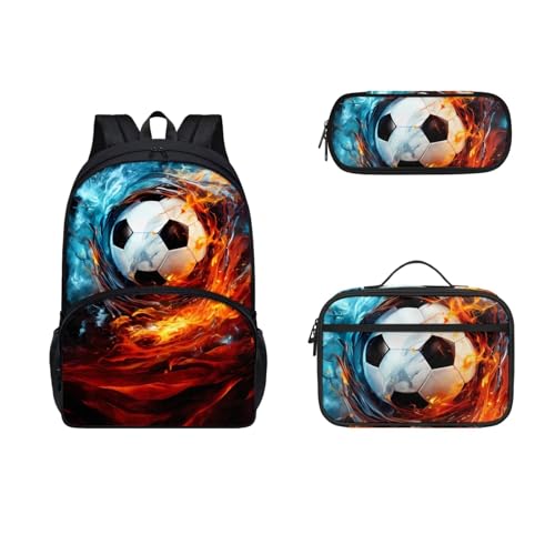 COEQINE Modische Taschen für Jungen im Alter von 6–10 Jahren, 3 Stück, Kleinkinder, Büchertasche, Teenager, Lunchbox, isoliertes Federmäppchen, groß, 3D-Feuerball, 3D-Fußball-Feuer von COEQINE