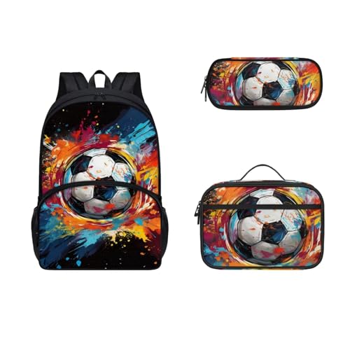 COEQINE Modische Taschen für Jungen im Alter von 6–10 Jahren, 3 Stück, Kleinkinder, Büchertasche, Teenager, Lunchbox, isoliertes Federmäppchen, groß, 3D-Feuerball, Aquarell-Fußball von COEQINE