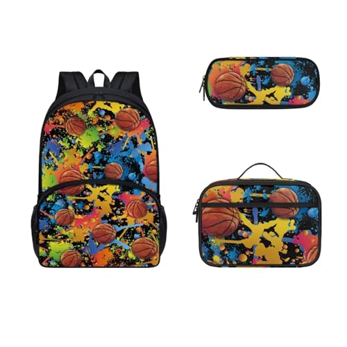 COEQINE Modische Taschen für Jungen im Alter von 6–10 Jahren, 3 Stück, Kleinkinder, Büchertasche, Teenager, Lunchbox, isoliertes Federmäppchen, groß, 3D-Feuerball, Basketball-Doodle von COEQINE