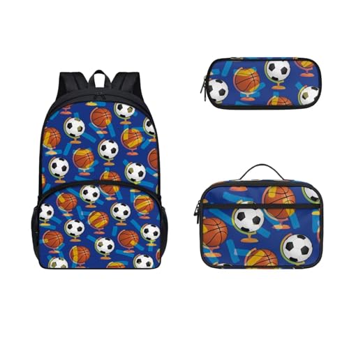 COEQINE Modische Taschen für Jungen im Alter von 6–10 Jahren, 3 Stück, Kleinkinder, Büchertasche, Teenager, Lunchbox, isoliertes Federmäppchen, groß, 3D-Feuerball, Funny Globe Fußball Basketball Blau von COEQINE