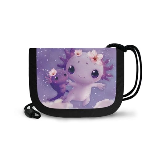 COEQINE Niedliche Axolotl Geldbörse für Mädchen 6-8 Karten Geldbörse Halter Mini Münzbörse mit Lanyard Reisezubehör, Lila Axolotl Sternenhimmel von COEQINE