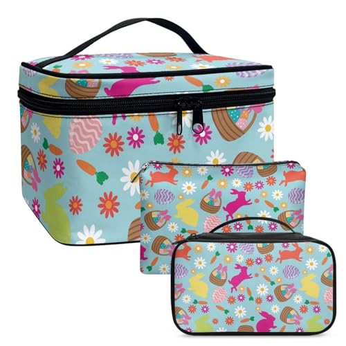 COEQINE Niedliche Make-up-Tasche für Damen, Motiv: Frohe Ostern, Tuilp-Blumenmuster, doppellagig, wasserdicht, 3 Stück, Blaues Gänseblümchen, niedlich, Kulturbeutel von COEQINE