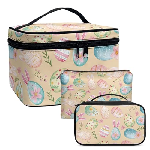 COEQINE Niedliche Make-up-Tasche für Damen, Motiv: Frohe Ostern, Tuilp-Blumenmuster, doppellagig, wasserdicht, 3 Stück, Gelbe Ostereier, Kulturbeutel von COEQINE