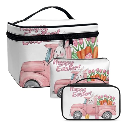 COEQINE Niedliche Make-up-Tasche für Damen, Motiv: Frohe Ostern, Tuilp-Blumenmuster, doppellagig, wasserdicht, 3 Stück, Happy Rabbit Truck, Kulturbeutel von COEQINE