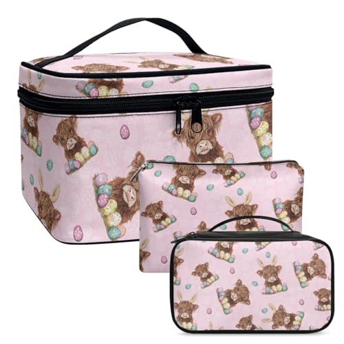 COEQINE Niedliche Make-up-Tasche für Damen, Motiv: Frohe Ostern, Tuilp-Blumenmuster, doppellagig, wasserdicht, 3 Stück, Highland Cow Ostereier, Kulturbeutel von COEQINE