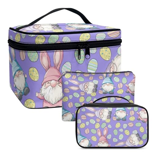 COEQINE Niedliche Make-up-Tasche für Damen, Motiv: Frohe Ostern, Tuilp-Blumenmuster, doppellagig, wasserdicht, 3 Stück, Lila Zwerg Ostern, Kulturbeutel von COEQINE