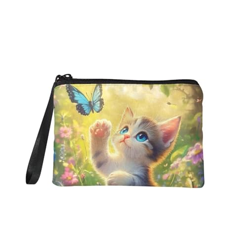 COEQINE Niedliche Weihnachtskatzen-Geldbörse für Damen, tragbare Geldbörse mit Schlüsselanhänger, tragbarer Flanellstoff, Niedliche Katzen, blauer Schmetterling, Münztasche von COEQINE